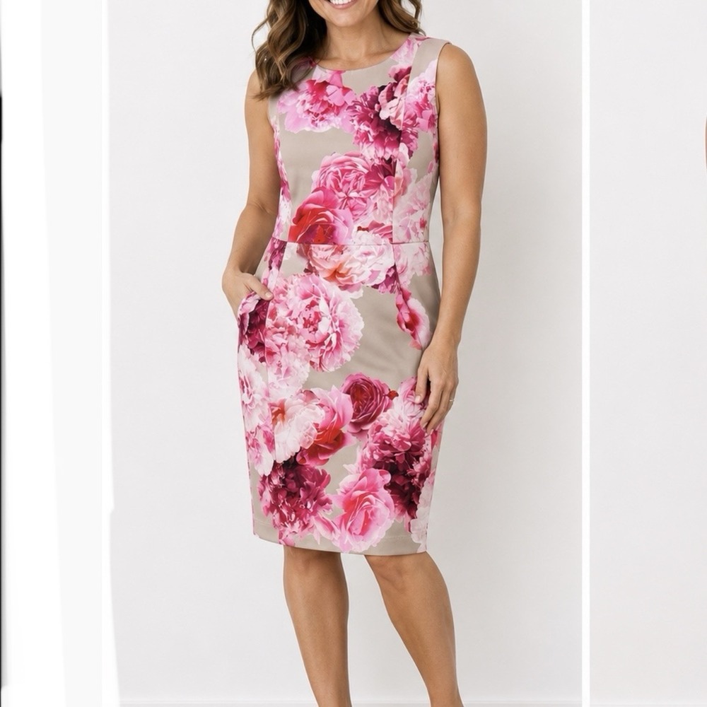 Calvin Klein Colorful Floral Scuba Knit Sleeveless Stretch Sheath Dress Size 2